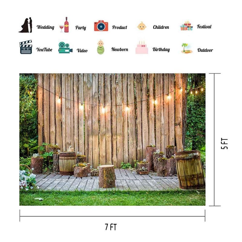 EOA 7(W) x5(H) FT Wooden Plank Lights Rustic Park Backdrop Green Plants Garden Picnic Leisure Photography Background - Great for Birthday, Studio, Booth, Party, Events, Portrait Use Props - Image 2
